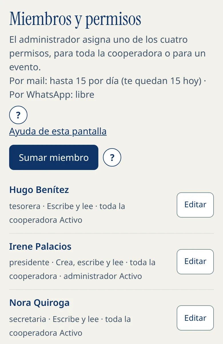 Pantalla Miembros y permisos: cada persona con su rol y su permiso, para toda la cooperadora o para un evento.